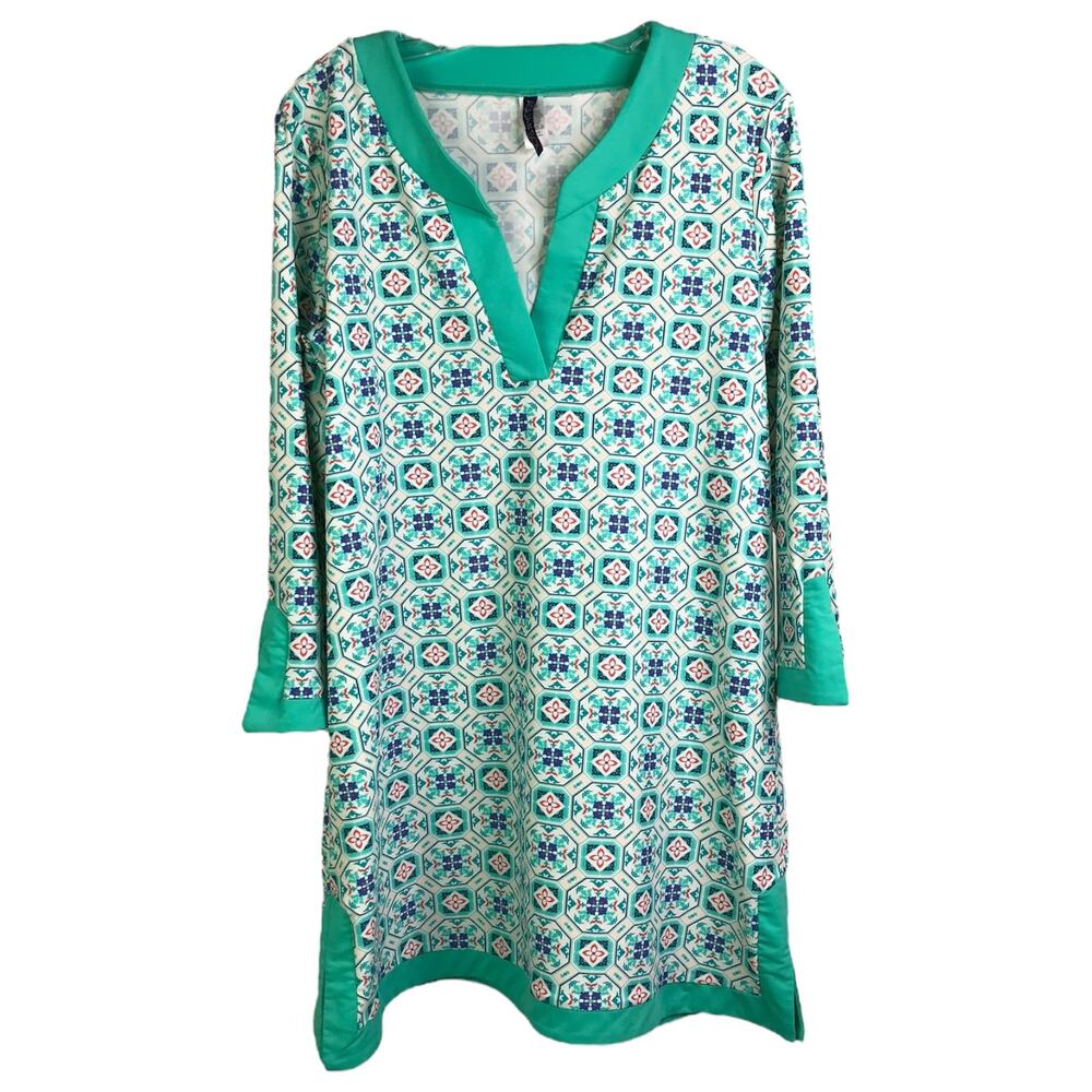 Aqua et Sol Tunic‎ Dress Womens Size L Green Geometric V-Neck 3/4 sleeve